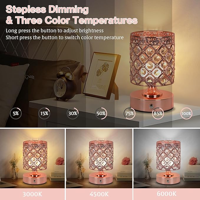 TOBUSA Crystal Rechargeable Cordless Table Lamps Set of 2, Wireless Lamps with 3 Color Temps & Stepless Dimming, Portable 6000mAh Battery Operated Lamps, Rose Gold Small Desk Lamps for Bedroom Bar