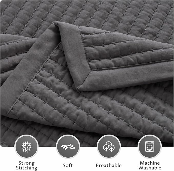 KASENTEX Twin Quilt Set 68"x86" – Soft Washed 3-Layer Lightweight Bedspread, Minimalist Nordic Design, All-Season Spring & Summer Quilt Set (1 Quilt + 2 Pillow Shams),Tornado Dark Grey