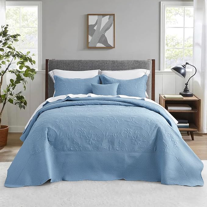 CHIXIN Oversized Bedspread Coverlet Set King Size - Lightweight Bedding Cover - Ultrasonic Quilting - 5 Piece Reversible Bedspread - Vintage Rose Pattern (King, Ashley Blue)