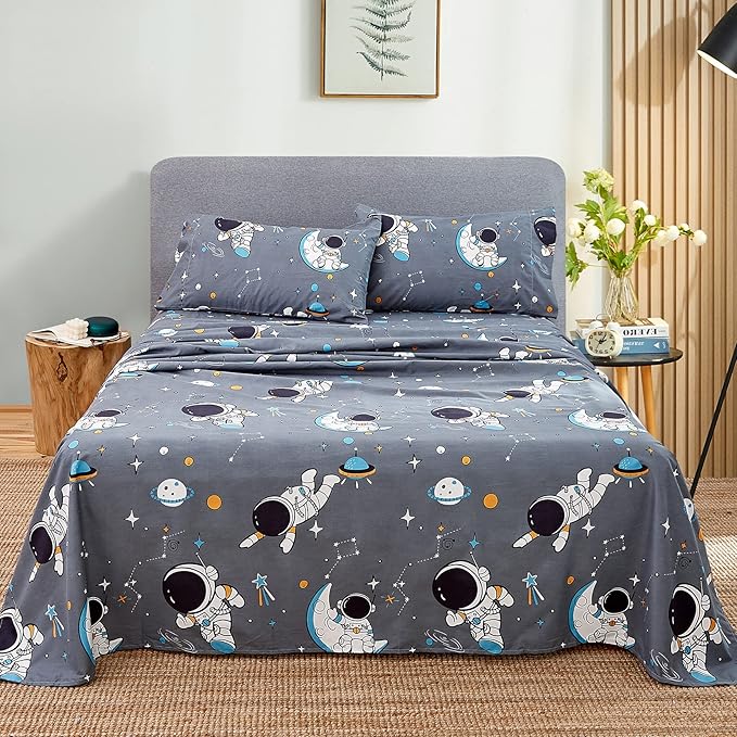 JSD Grey Astronaut Kids Sheet Set Full Size, 4 Piece Boys Space Adventure Printed Microfiber Sheets Deep Pocket