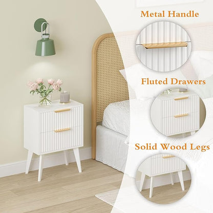 YAUKOMEL Fluted Nightstand with 2 Drawers,Modern Bedside Table with Metal Handles,Side Table with Solid Wood Legs,End Table for Living Room,Bedroom,Small Spcae 11.8" D x 16" W x 22.4" H White CTG55W