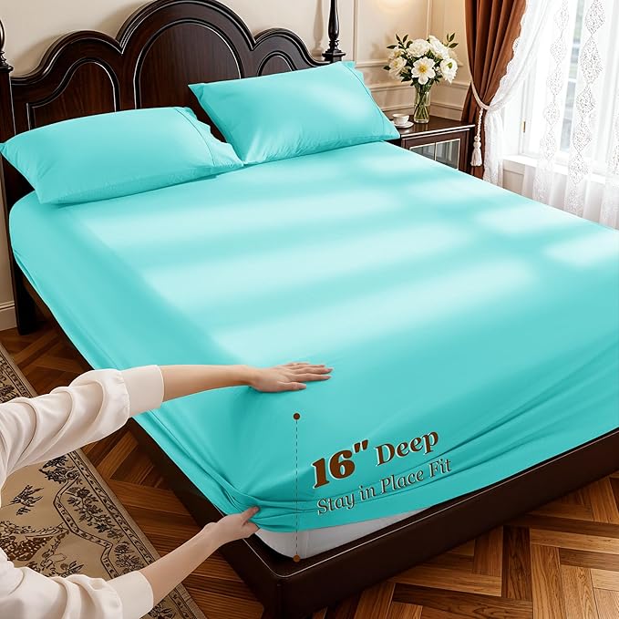 LBRO2M 1000 Thread Count 100% Egyptian Cotton Sheets Set,Full Size Bed Sheet 4 Piece Sets,Long Staple,16 Inches Deep Pocket,All Season,Bedding Super Soft Breathable,Sateen (Lake Green)