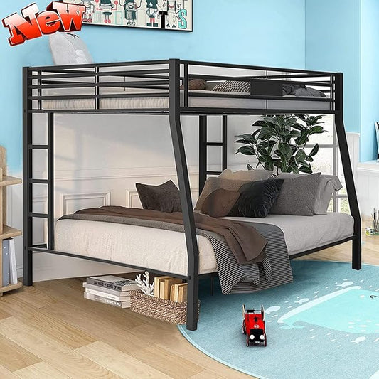 Upgraded Version Thicken Metal Heavy-Duty Full XL Over Queen Bunk Bed, Best Modern Style Stronger Full Over Queen Size Bunk Bed Frame with Ladder for Adults, Easy Assembly (Full XL Over Queen-A)