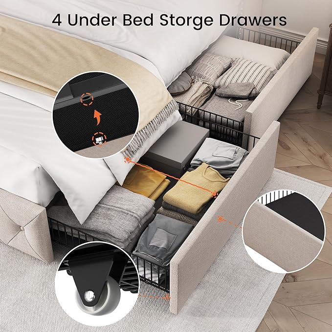 LARMACE King Size Bed Frame with 4 Storage Drawers and Tufted Headboard Linen Upholstered Platform Bed Frame Wingback Beds with Wooden Slats Support, Easy Assembly, Beige