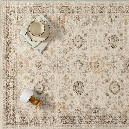Beige 3x5 Area Rug Non Slip Vintage Office Entryway Rug Distressed Machine Washable Kitchen Carpet Retro Traditional Floral Accent Throw Door Mat for Bedroom Bathroom Dining Living Room
