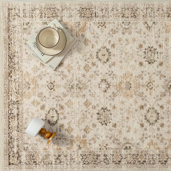 Beige 5x7 Area Rug Non Slip Vintage Living Room Distressed Machine Washable Carpet Retro Indoor Bedroom Floral Traditional Accent Throw Rug for Office Kitchen Dorm Dining Room