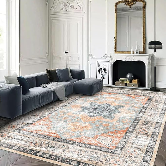 vivorug 5x7 Area Rugs - Ultra-Thin Washable Rug with Non-Slip Backing, Ideal for Living Room, Bedroom, Dining Room Indoor - Vintage, Easy Clean, Durable, Low Pile Rug Orange