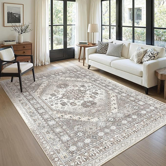 zesthome 5x8 Area Rugs - Ultra-Thin Washble Rug, Stain Resistant Anti Slip Backing Rugs for Living Room,Bedroom, Vintage Home Decor Area Rug (Brown/Beige,5'x8')