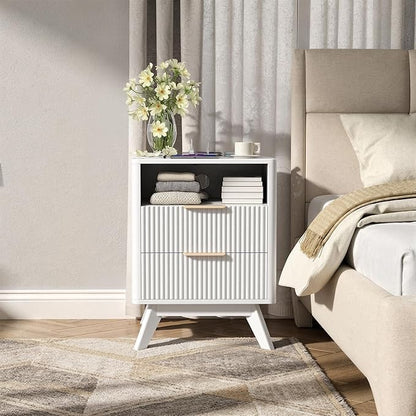 Modern Nightstand,Side Table with Charging Station,Bedside Tables with Drawer,Mid-Century End Tables Set (1-Piece),White