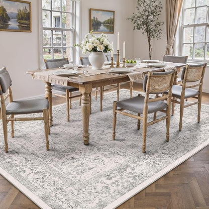 Gray Area Rug 7x10 Machine Washable Vintage Living Room Distressed Non Slip Carpet Traditional Indoor Bedroom Grey Retro Floral Accent Throw Large Rug for Office Kitchen Dining Room