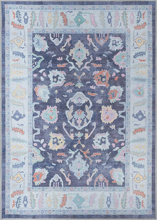 Fame Rugs Navy Blue Modern Oushak Rug 3x5, Washable Vintage Turkish Colorful Oriental Antique Inspired Foldable Small Area Rugs, Luxury Living Room Bedroom (388NB, 2'6" x 5')