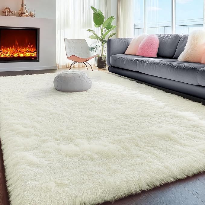 PAGISOFE Fluffy Shag Area Rugs for Bedroom Living Room, Cream White Super Soft Fuzzy Shaggy Carpets for Girls Boys Bedroom,Indoor 4x6 Bedside Rug Kids