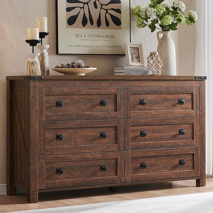 T4TREAM Farmhouse 6 Drawers Dresser for Bedroom, Wood Rustic Wide Chest of Drawers, Storage Dressers Organizer for Bedroom, Living Room, Hallway, Reclaimed Barnwood Color