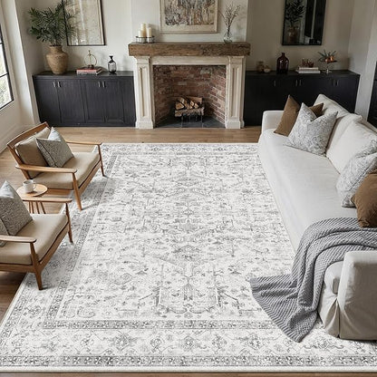 Grey 9x12 Area Rug Vintage Washable Living Room Carpet Non Slip Neutral Bedroom Indoor Office Low Pile Large Traditional Distressed Retro Gray Accent Rug for Dining Room Bathroom Kitchen