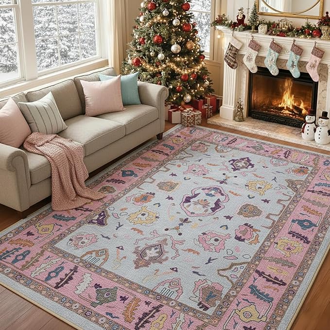 Fame Rugs Pink Beige Modern Oushak Rug 8x10, Vintage Turkish Colorful Oriental Washable Antique Inspired Large Area Rugs, Luxury Living Room Bedroom (390PP, 7'6 x 10')