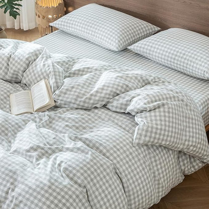 MooMee Gingham Duvet Cover Set 100% Washed Cotton Linen Like Textured Breathable Durable Soft Comfy Modern Checkered Design (Northern Droplet Grey Gingham, Super Queen 90"x98")