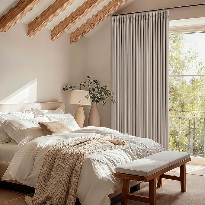 70 Inch Extra Wide Blackout Curtain 90 Inches Long for Living Room Pinch Pleated Thick Linen Thermal Insulated Drapes Back Tab Burlywood Birch 100% Black Out Curtain for Bedroom Large Window 1 Panel