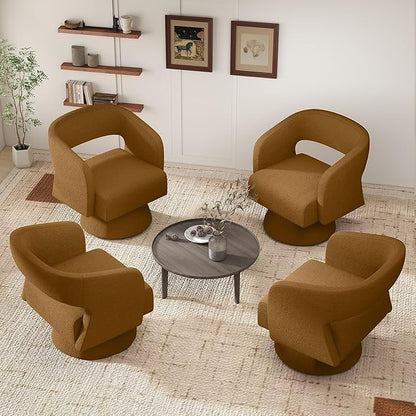 Swivel Accent Chair Set of 4, Modern Comfy Teddy Barrel Chairs, Oversized Upholstered Round Arm Chair for Living Room, Bedroom, Reading Room, Brown