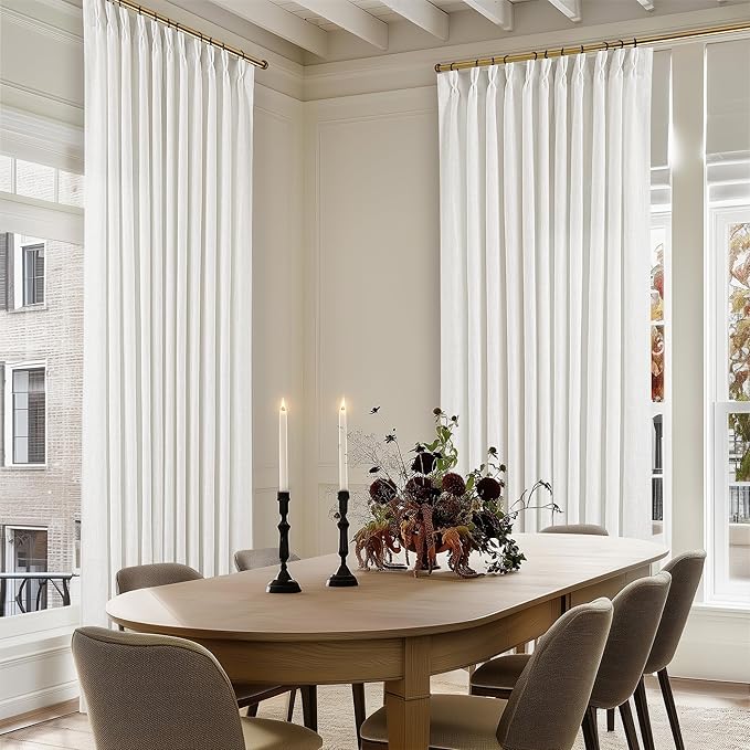 Beige White 70 Inch Wide Curtains 90 Inches Long for Living Room Light Filtering Semi Sheer Modern Farmhouse Pleated Curtain with Hooks Rings for Patio Sliding Door Dining Room Large Window 1 Panel