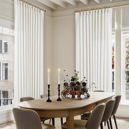 Beige White 70 Inch Wide Curtains 90 Inches Long for Living Room Light Filtering Semi Sheer Modern Farmhouse Pleated Curtain with Hooks Rings for Patio Sliding Door Dining Room Large Window 1 Panel