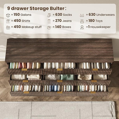 63'' Wide 9 Drawers Dresser for Bedroom,Modern Fluted Vertical Chest with Rounded Corners,Fluted Dresser for Living Room,Hallway, Walnut