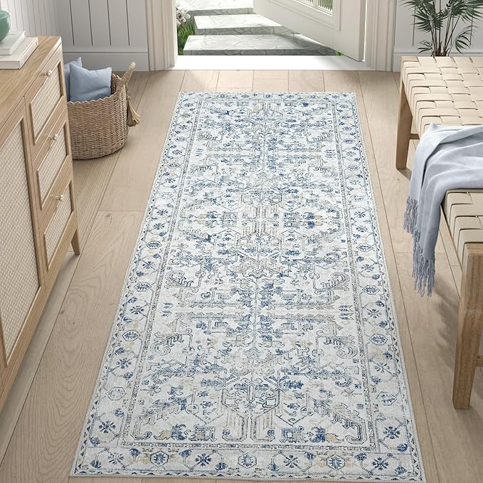 jinchan Lima Runner Rug 2x6 - Vintage Hallway Machine Washable Rug Floral Non Slip with Rubber Backing Ultra-Thin Carpet Runner for Kitchen Bedroom Laundry Room Farmhouse Entryway (2x6ft, Blue)