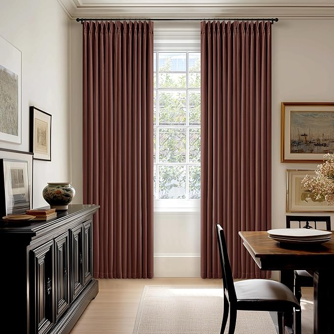 Chestnut Brown 96 Inch Blackout Pinch Pleated Curtains 2 Panel Set for Living Room Darkening Thick Linen Textured 100% Black Out Drapes 96 Inches Long Pinch Pleat Light Blocking Bedroom Rust Maroon