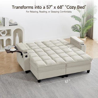 70.9" Chaise Lounge Chair Indoor, Oversized Boucle Upholstered Sofa Bed, Adjustable Backrest Deep Seat Reading Chair, Sofas Couches for Living Room with Storage, Cup Holders & 360° Swivel Side Table