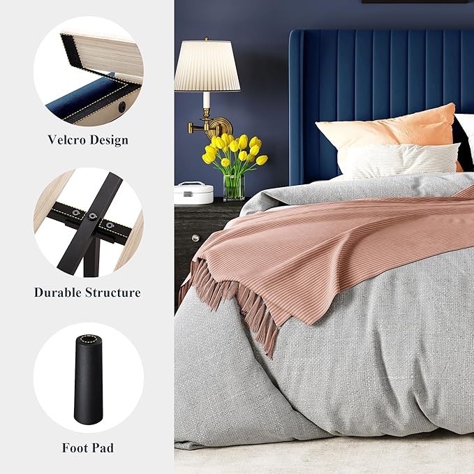 Allewie Full Size Velvet Bed Frame/Vertical Channel Tufted Wingback Headboard/Upholstered Platform Bed/Strong Wooden Slats/No Box Spring Needed/Easy Assembly/Blue