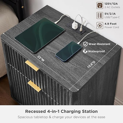 T4TREAM 23'' Fluted Nightstand with Charging Station, Large 2 Drawer Side Table, Modern End Table with Storage, Mid Century Bedside Table for Bedroom, Living Room, Curved Profile, Dark Alder
