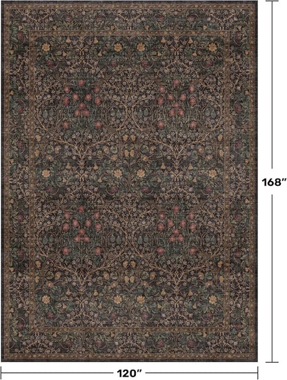 Dark Brown 10x14 Area Rugs for Living Room - Extra Large Vintage Western Unique Neutral Floral, Washable Low Pile Non-Slip Soft Thin Area Rug for Dining Under Table, Bedroom Under Bed