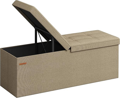 SONGMICS Mazie Collection - 43 Inches Storage Ottoman, Foldable Storage Bench with Flipping Lid, 660 lb Load Capacity, for Entryway, Living Room, Bedroom, Camel Brown ULSF076K01