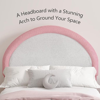 Twin Bed Frames with Headboard, Boucle Upholstered Platform Bed, White Bed Frame, Soft Rounded Corners, No Box Spring Needed, Easy Assembly, Pink&White