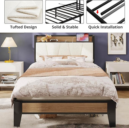 LIKIMIO Twin Bed Frames, Storage Headboard with Charging Station, Solid and Stable, Noise Free, No Box Spring Needed, Easy Assembly, Wood and Cream