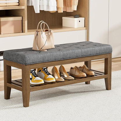 End of Bed Storage Bench, 42.9" Entryway Shoe Bench with Solid Wood Shelf, Upholstered Ottoman with Padded Seat for Bedroom, Hallway and Lining Room, Dark Gray