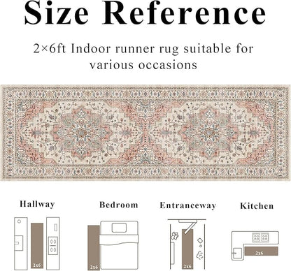 2x6 Vintage Runner Rug Low Pile Runners Non-Slip Machine Washable Rug Retro Distressed Print Lightweight Carpet for Hallway Kitchen Living Room Bedroom Laundry Room