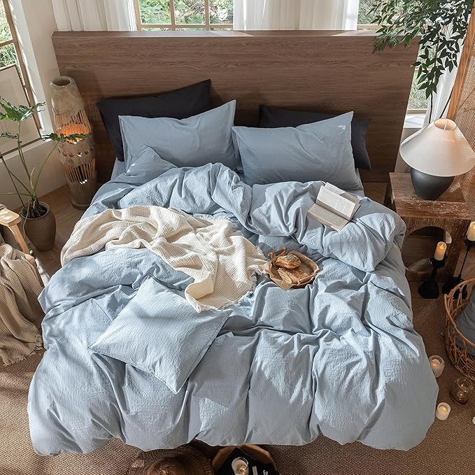 MooMee Wavy Striped Duvet Cover Set 100% Washed Cotton Linen Like Textured Breathable Durable Soft Comfy (Cornflower Blue, Full 80"x90")