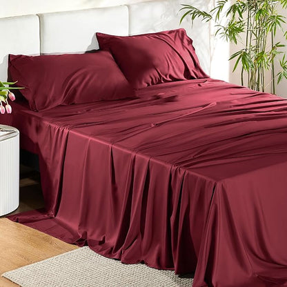 Bedsure Queen Sheet Set, Rayon Derived from Bamboo, Cooling Sheets, Breathable & Soft, Deep Pocket Up to 16 Inches, Hotel Luxury Silky Bedding for Hot Sleepers, Burgundy