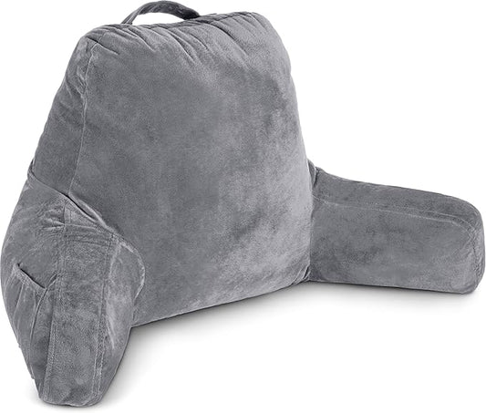 Husband Pillow Dark Grey, Standard+ Original Reading Pillow in Bed Rest Chair, Shredded Memory Foam Large Lounge Cushion Adult Backrest w/Arms, Comfy Back Support for Sit Sitting Up, Removable Cover