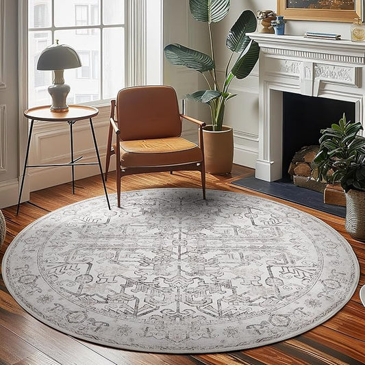 jinchan Lima Round Rug 8ft Vintage Machine Washable Area Rug Indoor Circle 8' Ultra-Thin Non-Slip Floral Print Carpet for Farmhouse Entryway Dining Room Living Room Bedroom Office (8'Round, Taupe)