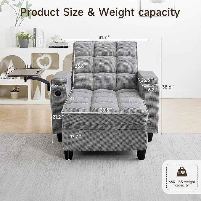 41.7" Oversized Chaise Lounge Chair Indoor, Boucle Upholstered Sofa Bed with Adjustable Backrest, Deep Seat Reading Chair, Sofas Couches for Living Room, Storage, Cup Holders & 360° Swivel Side Table | Oversized chaise, Indoor lounge chair, Convertible...
