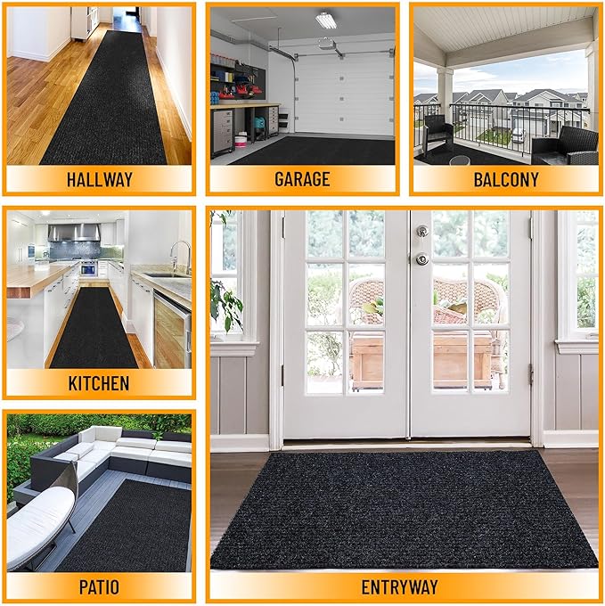 Ottomanson 2' x 29' Hallway Runner with Scraper Pile Extra Durable Non-Slip Rug Mat for Indoor & Outdoor Use - Ideal for Kitchen, Entryway, Patio & Garage - High-Traffic Carpet, Black