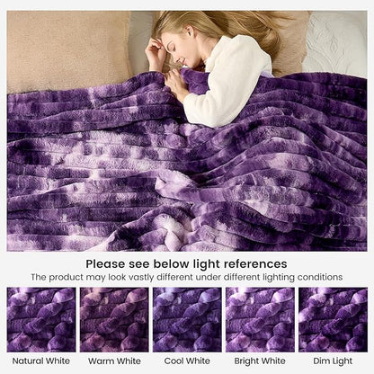 Cozy Bliss Faux Fur Throw Blanket for Couch, Cozy Warm Plush Striped Blanket for Sofa Bedroom Living Room, 90 * 90 Inches Tie-dye Purple