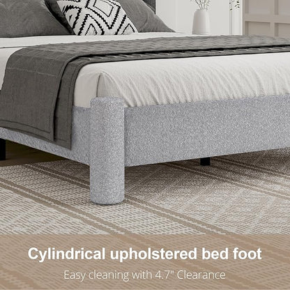 Queen Size Bed Frame, Boucle Upholstered Platform Bed with Headboard and Footboard, Soft Rounded Corners, No Box Spring Required, Easy Assembly, Light Grey