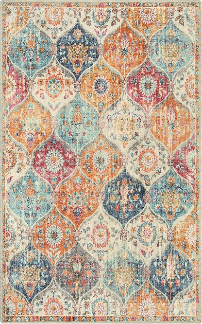 Lahome Moroccan 5x8 Area Rug, Ultra-Thin Washable Rugs for Living Room Bedroom, Soft Large Oriental Non-Slip Non Shedding Throw Large Carpet for Dining Room Office, Cream/Multi