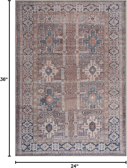 Bloom Rugs Washable Non-Slip 2' x 3' Rug - Brown/Blue/Orange Traditional Oriental Area Rug for Living Room, Bedroom, Dining Room, and Kitchen - Exact Size: 2' x 3'