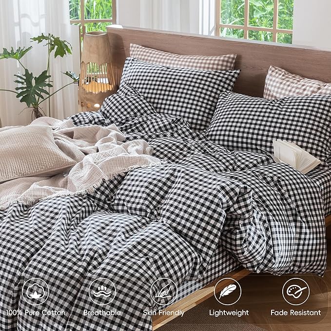 MooMee Gingham Duvet Cover Set 100% Washed Cotton Linen Like Textured Breathable Durable Soft Comfy Modern Checkered Design (Black White Gingham, Full 80"x90")