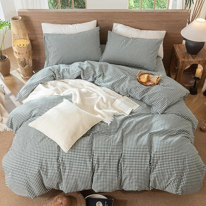 MooMee Gingham Duvet Cover Set 100% Washed Cotton Linen Like Textured Breathable Durable Soft Comfy Modern Checkered Design (Mini Gingham Forest Green, Full 80"x90")