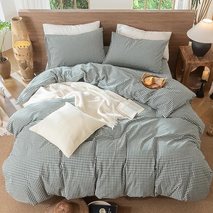 MooMee Gingham Duvet Cover Set 100% Washed Cotton Linen Like Textured Breathable Durable Soft Comfy Modern Checkered Design (Mini Gingham Forest Green, Cal King 104"x98")