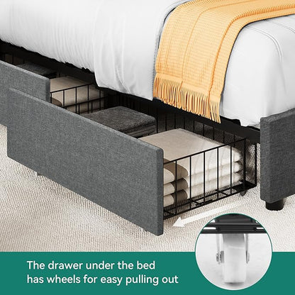 YITAHOME King Bed Frame with 4 Storage Drawers, Upholstered Platform Bed Frame with Adjustable Rivet-Trimmed Headboard, USB & Type-C Charging Ports, Wooden Slats, Easy to Assemble (Gray)